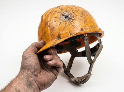 A dirty worker hand holding a cracked and damaged yellow construction safety hard hat.