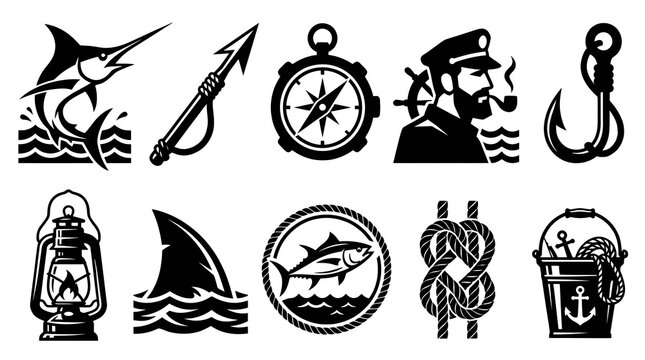 Vintage Ocean Sailing and Nautical Fishing Adventure Vector Icons