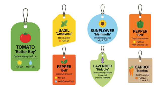 Garden Plant Tags: Tomato, Basil, Sunflower, Pepper, Lavender, Carrot - Illustrated Icons