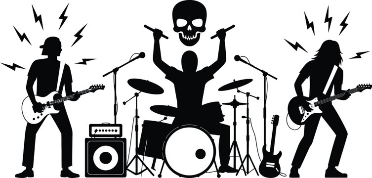 Rock band musicians performing on stage silhouettes featuring electric guitars and drums musicians performance amplifier guitarist microphone entertainment festival instrument musician