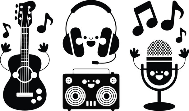 Cute cartoon music instrument characters including guitar headset and microphone with notes character microphone instrument illustration cheerful entertainment listening recording creative