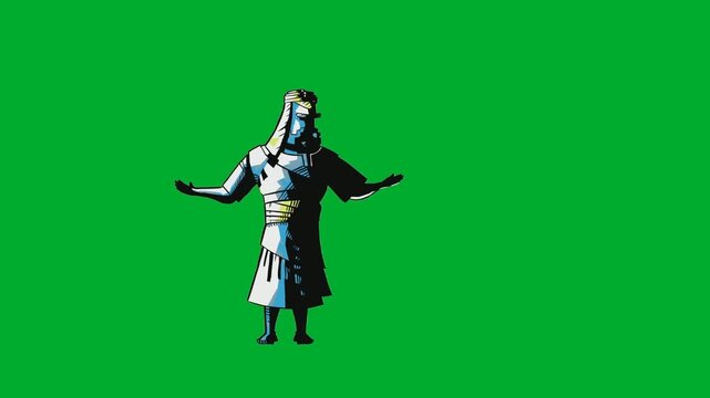 2d animated Knight waving hands while standing confidently in full length front view posture animation on green screen. Medieval crusader warrior character practicing victory or speech gesture loop