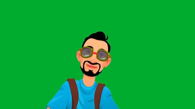 2d animated Man traveler portrait smiling cheerfully while wearing sunglasses and a backpack animation on green screen. Happy bearded guy cartoon character looking at camera with friendly expression