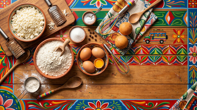 Flat lay of Bunuelos ingredients on Chiva bus wood, copy space