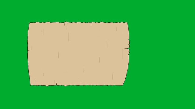 2d animated Parchment paper board template sheet horizontal layout isolated on frame animation on green screen. Old vintage ancient document scroll texture pattern for history message text