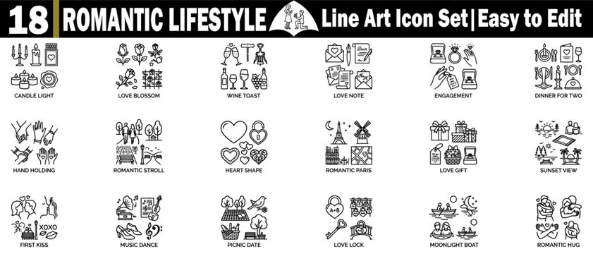 Romantic lifestyle line art icon set. Easy to edit, isolated on a transparent background vector illustration.