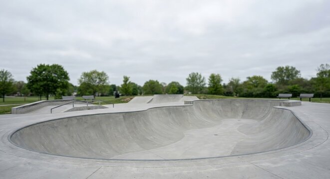 Skatepark bowl in public park on overcast day