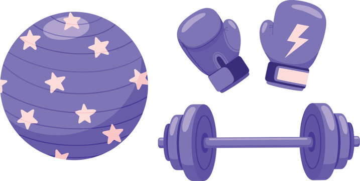 Purple Fitness Workout Equipment Set with Star Patterned Fitness Ball Boxing Gloves and Barbell Weights for Healthy Lifestyle Design Vector Illustration