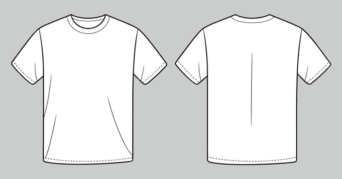 Front and back view of a blank white crew neck t shirt technical fashion with short sleeves and stitched hem details on a plain gray background for apparel manufacturing