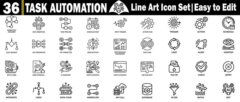 Task automation line art icon set. Including workflow designer data transformation script execution and process loop symbols.