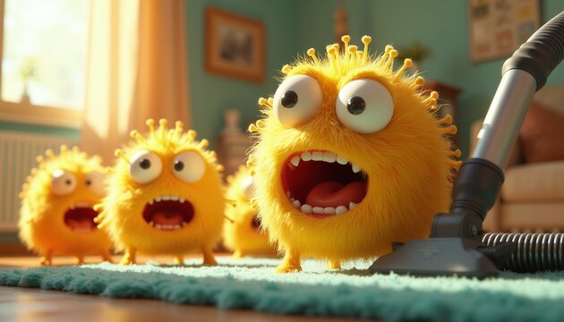 Cute cartoon virus characters react with fear to approaching vacuum cleaner in living room. Tiny yellow monsters panic about cleaning. Domestic hygiene concept.