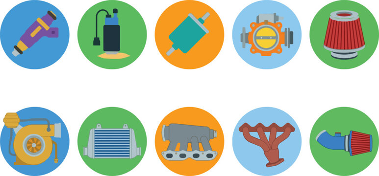 Collection of automotive engine performance parts icons including turbocharger, intercooler, fuel injector, and exhaust manifold