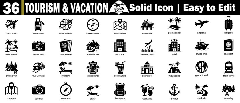 Tourism and vacation icon set. Collection travel flight, cruise ship, hotel stay, passport, camera, and outdoor camping activity symbols.