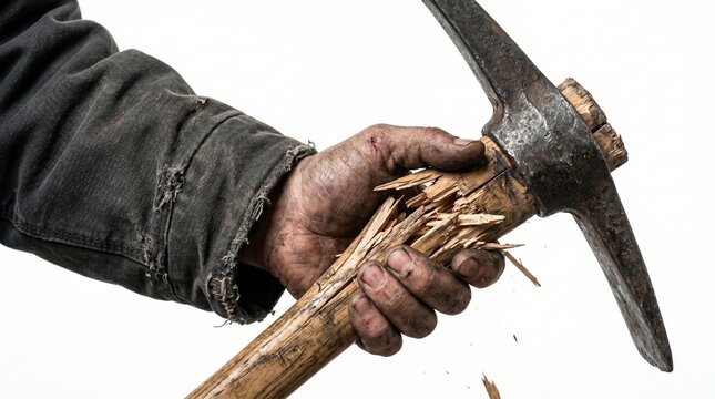 Close up of a dirty worker hand holding a broken wooden pickaxe handle.