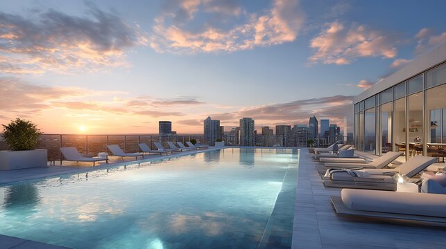 Rooftop pool with lounge chairs overlooking a city skyline at sunset