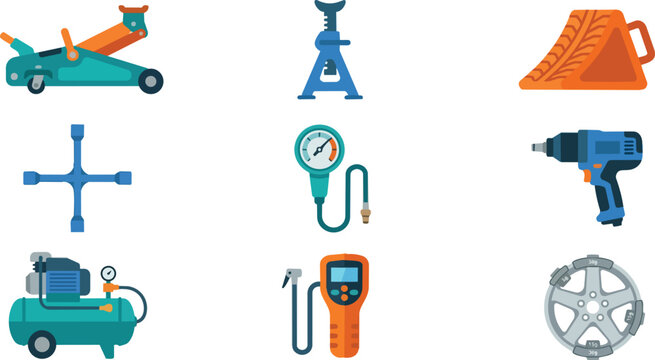 Car repair and maintenance tools set including jack, jack stand, tire pressure gauge, and air compressor