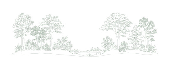 Obraz premium Soft Color Landscape Tree Elevation with Shrubs and Mixed Vegetation — Architectural Side View Vector for Presentation