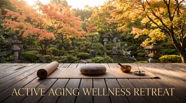 Serene zen garden setting with yoga mat, meditation cushion, and incense on a wooden deck for an active aging wellness retreat