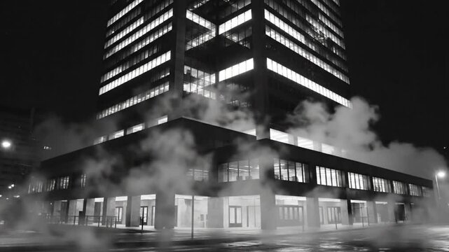 Dramatic black and white shot of a modern skyscraper at night shrouded in fog and lit windows