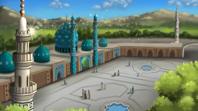 2d animated Mosque courtyard plaza architecture overview layout with ancient minarets and dome towers. Historical arabic temple courtyard vector background landscape template cartoon animation loop.
