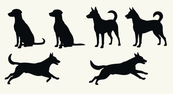 Set of black silhouettes of dogs in different poses.