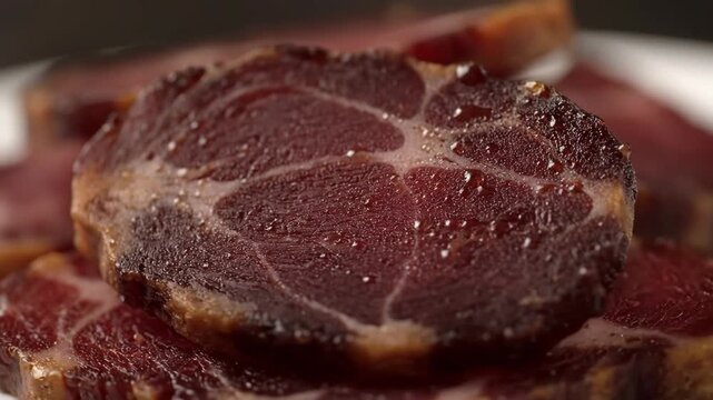 Extreme close-up of dark red cured meat slices seasoned with salt flakes, highlighting texture and marbling for gourmet appetizers