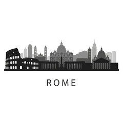 Obraz premium Rome City Skyline Silhouette, Iconic Landmarks Illustration, Black and White Graphic