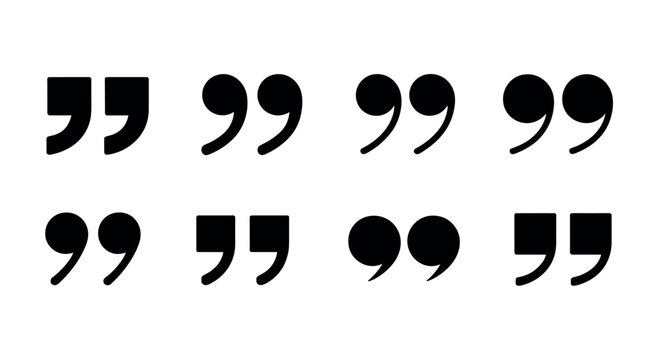 Set of eight black quotation mark in various typographic styles arranged in two rows on a plain white background for and editorial layout