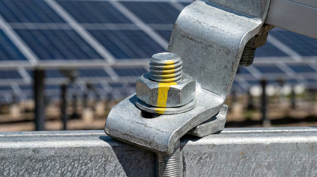 Close-up of galvanized hex bolt on mounting rail marked for torque ensuring robust solar structure security during the vital technician solar workflow