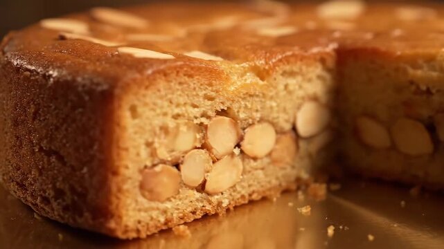 Close up shot of delicious traditional almond cake with glazed golden-brown top and large nuts inside, revealing the moist texture of the baked dessert.