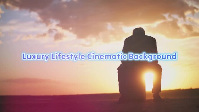 Cinematic silhouette of a solitary man sitting on a large rock gazing at a vibrant sunset with dramatic clouds golden hour light flares and a pink and orange sky evoking