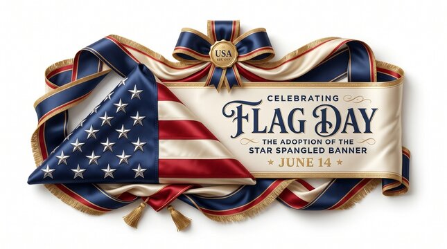 Folded American flag banner with satin ribbons, patriotic United States Flag Day celebration typography on white