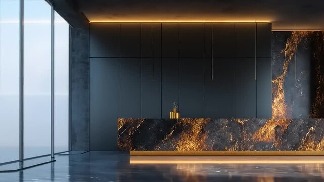 Luxury lobby with a marble reception desk. Dark walls with accent lighting and a large window