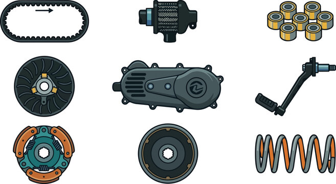 Collection of scooter automatic transmission parts including belt, clutch, variator, rollers, and crank starter