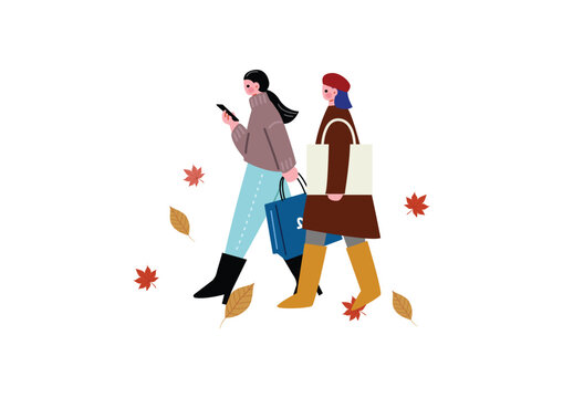 秋の買い物を楽し無女性のイラスト