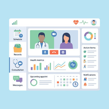 A digital interface showing a medical consultation with two people on screen