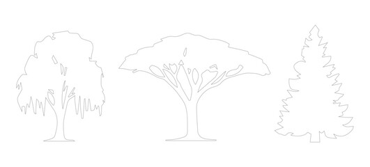 Minimalist tree outline vector set, simple line art of deciduous and coniferous trees, thin stroke nature icons for architectural site plans © Muzammil Faizan 