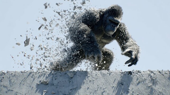 Massive primate smashes through concrete barrier causing debris to explode outwards