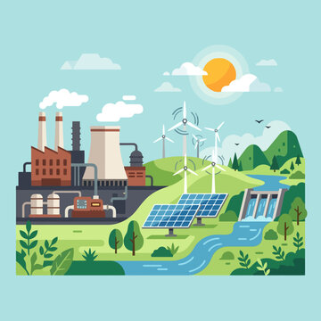A flat illustration showing various sources of energy production