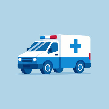 A blue and white ambulance vehicle illustration on a light blue background