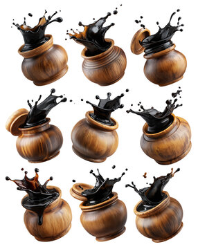 Set of Egyp Molasses black syrup jar splashing from a polished jar, isolated on white background, concept of Arabic Cuisine