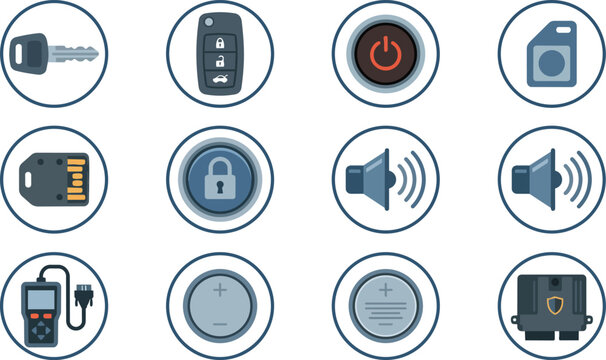 Collection of automotive icons representing car key, remote, diagnostic tool, battery, speaker, and electronic control unit
