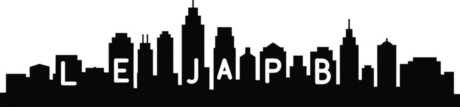 Modern city skyline silhouette with white letters l e j a p b on a solid on black background