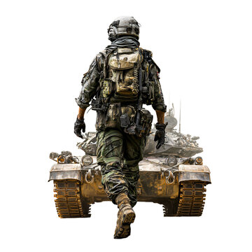 Professional Image of Solitary Soldier Approaching Military Tank in Full Gear