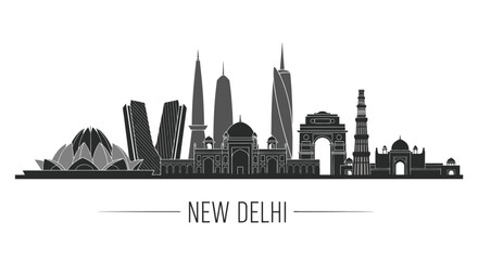 Obraz premium New Delhi Skyline Silhouette: Iconic Indian Cityscape Black and White
