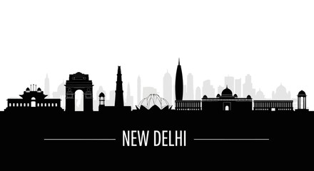 Naklejka premium New Delhi Skyline Silhouette: Black and White Illustration