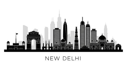 Obraz premium New Delhi Skyline Silhouette: Iconic Indian Cityscape in Monochrome