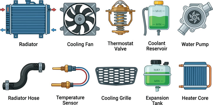 Automotive cooling system components illustration including radiator, fan, thermostat, water pump, and hoses