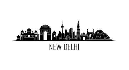 Fototapeta premium New Delhi Skyline Silhouette: Indian Cityscape Monochrome Vector