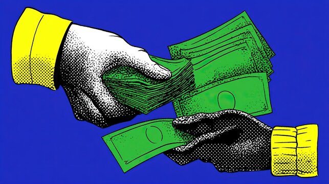Bold halftone comic graphic of dual tone skin hands with yellow cuffs, one grasping stacked green banknotes and another holding single bill with round marks on deep blue background 